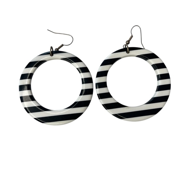 Vintage art deco hollow circle dangle earrings black and white striped 3" drop - Picture 3 of 4